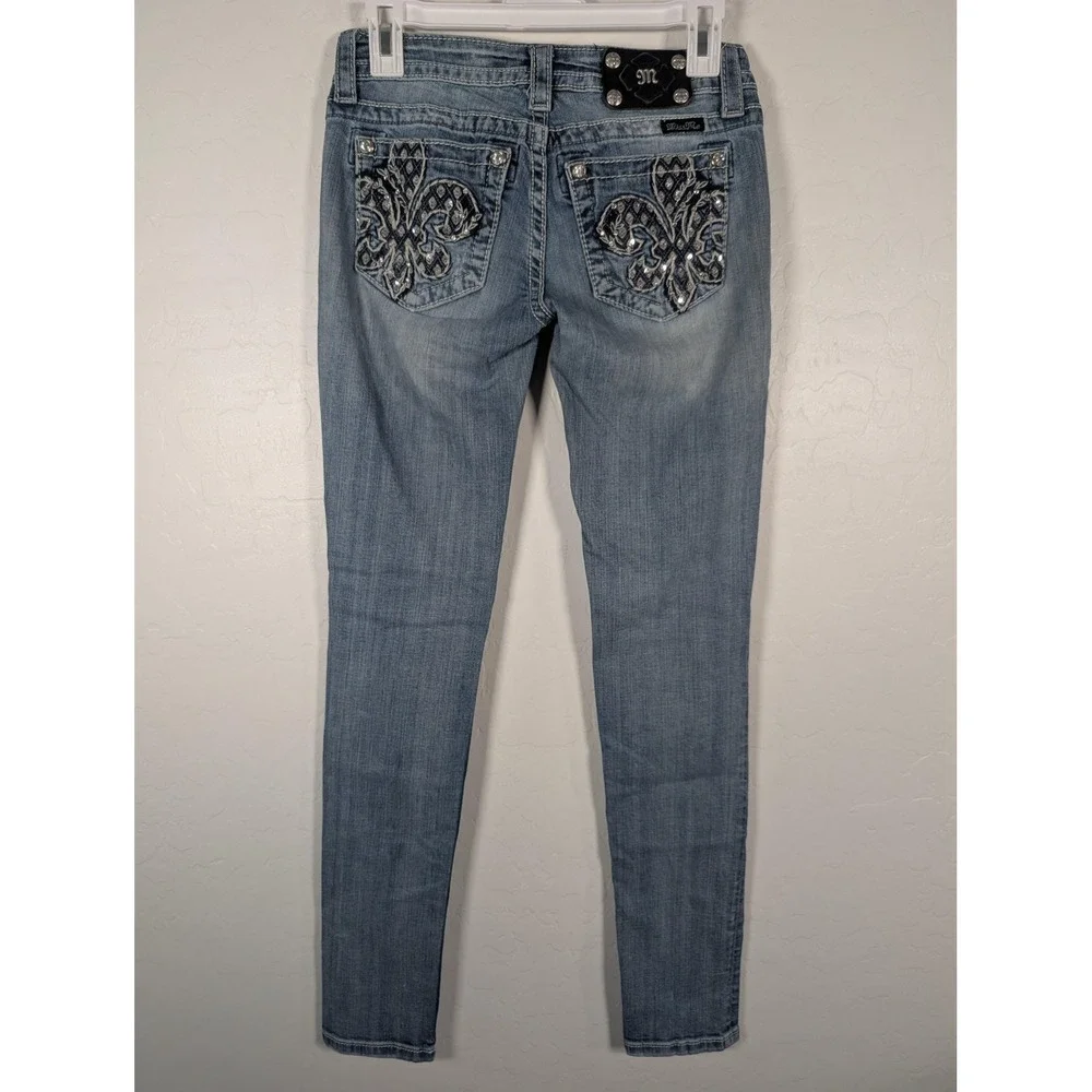 Miss Me Jeans Womens 26 Blue Skinny Stretch‎ Fleur de Lis Rhinestones JP578352